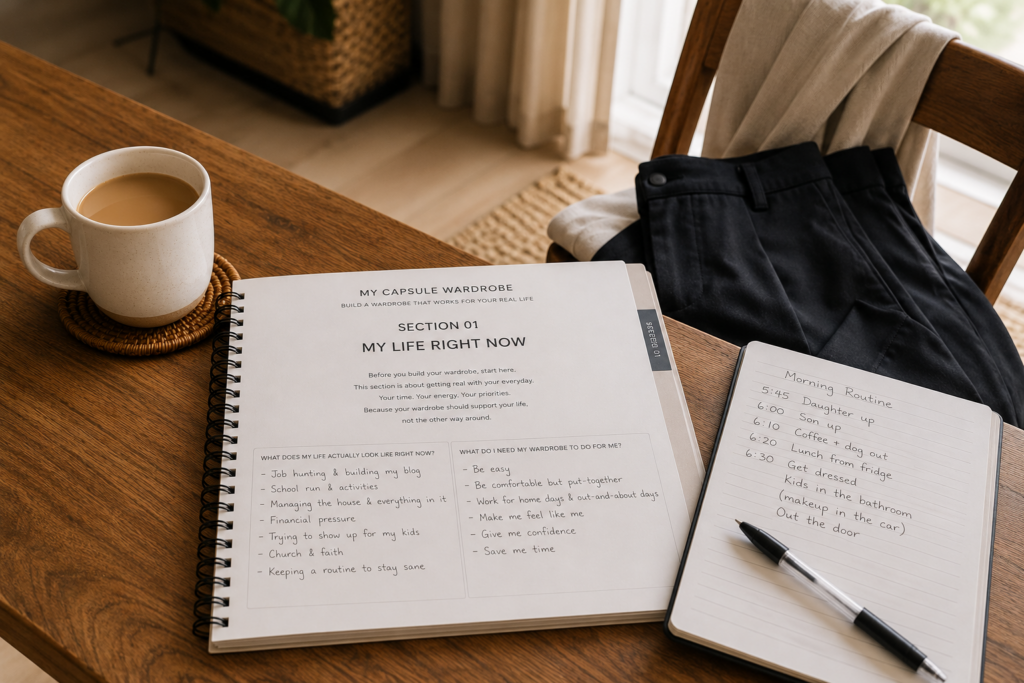 capsule wardrobe workbook open to Section 01 with coffee and morning routine notes, getting dressed when unemployed
