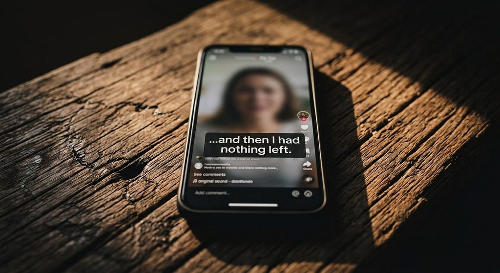 financial independence for women
Illustration of a phone on a wooden table showing a social media video with the caption “and then I had nothing left," about tradwife regret and financial independence for women